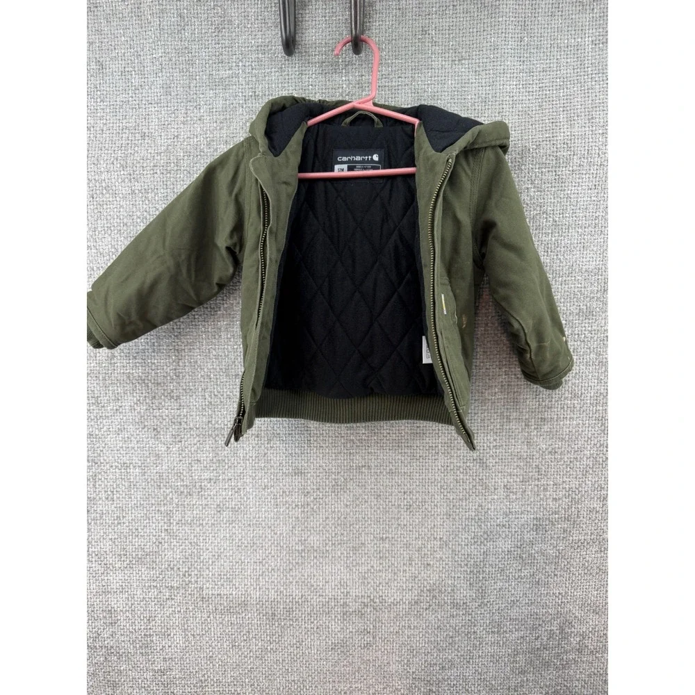 Carhartt Hooded Canvas Jacket Kids 12M Olive Green Quilted Lining